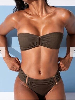 PQ Swim Olive Ribbed Bandeau Bikini with Gold Rings